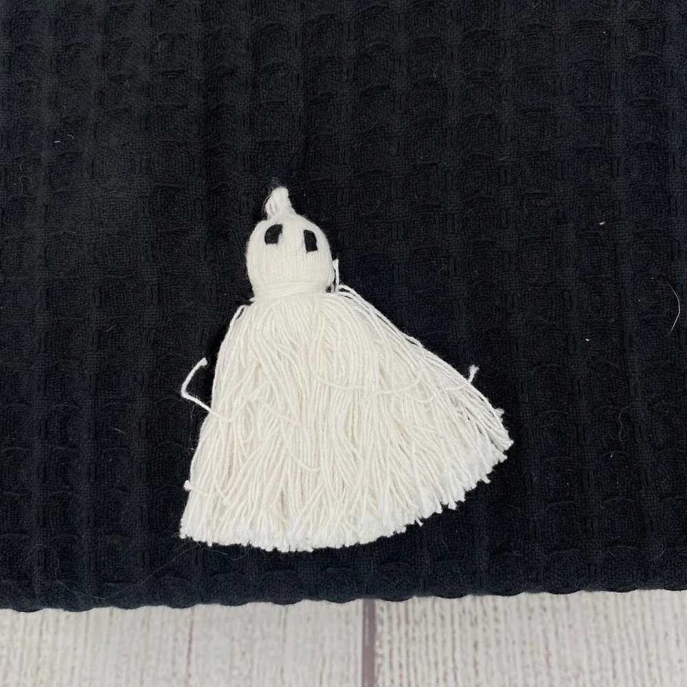 Martha Stewart Shower Curtain Black Waffle Weave Tassel Ghost Halloween Spooky